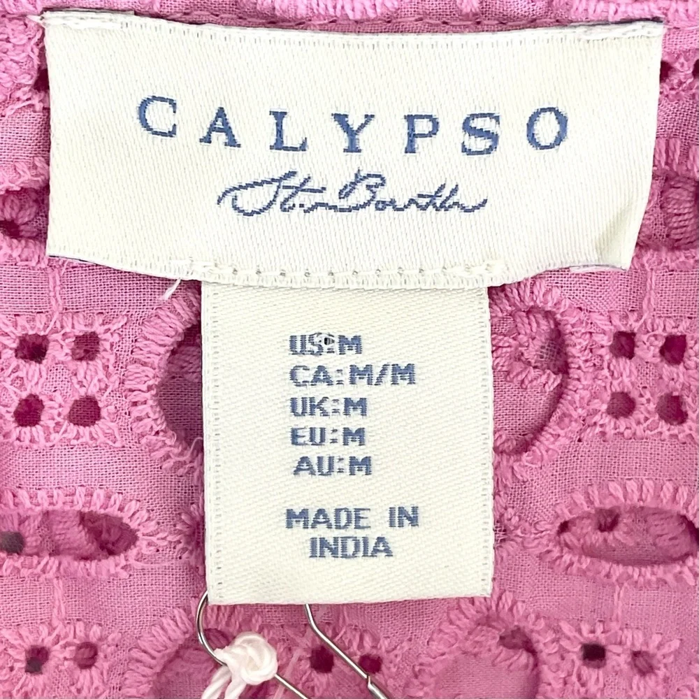CALYPSO St. Barth Bohemian Linen Eyelet Embroidered Blouse Tie Neck 100% Cotton